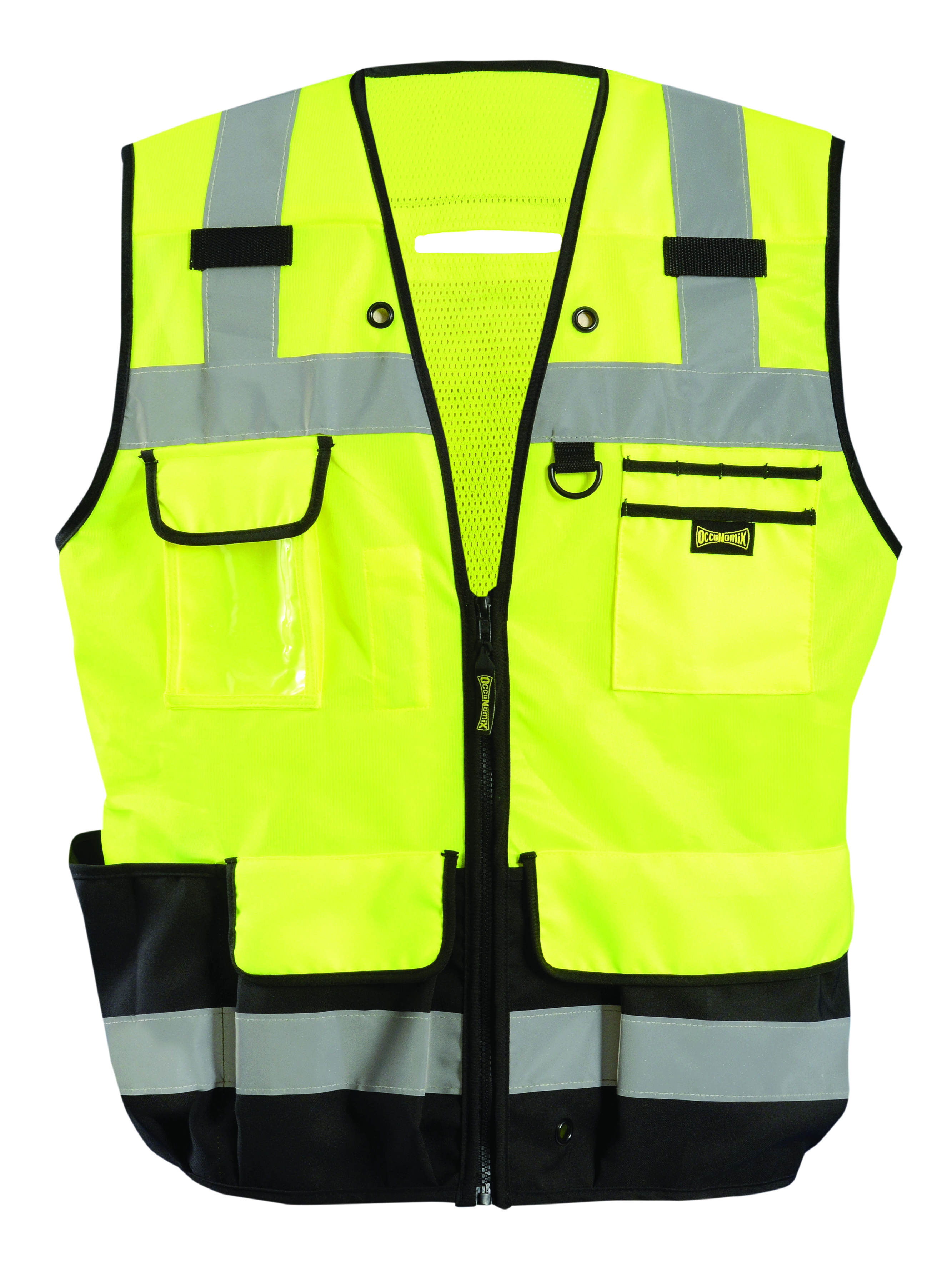 Picture of Occunomix LUX-HDSBK SOLID/MESH HEAVY DUTY BLACK BOTTOM SURVEYOR VEST w/ZIPPER