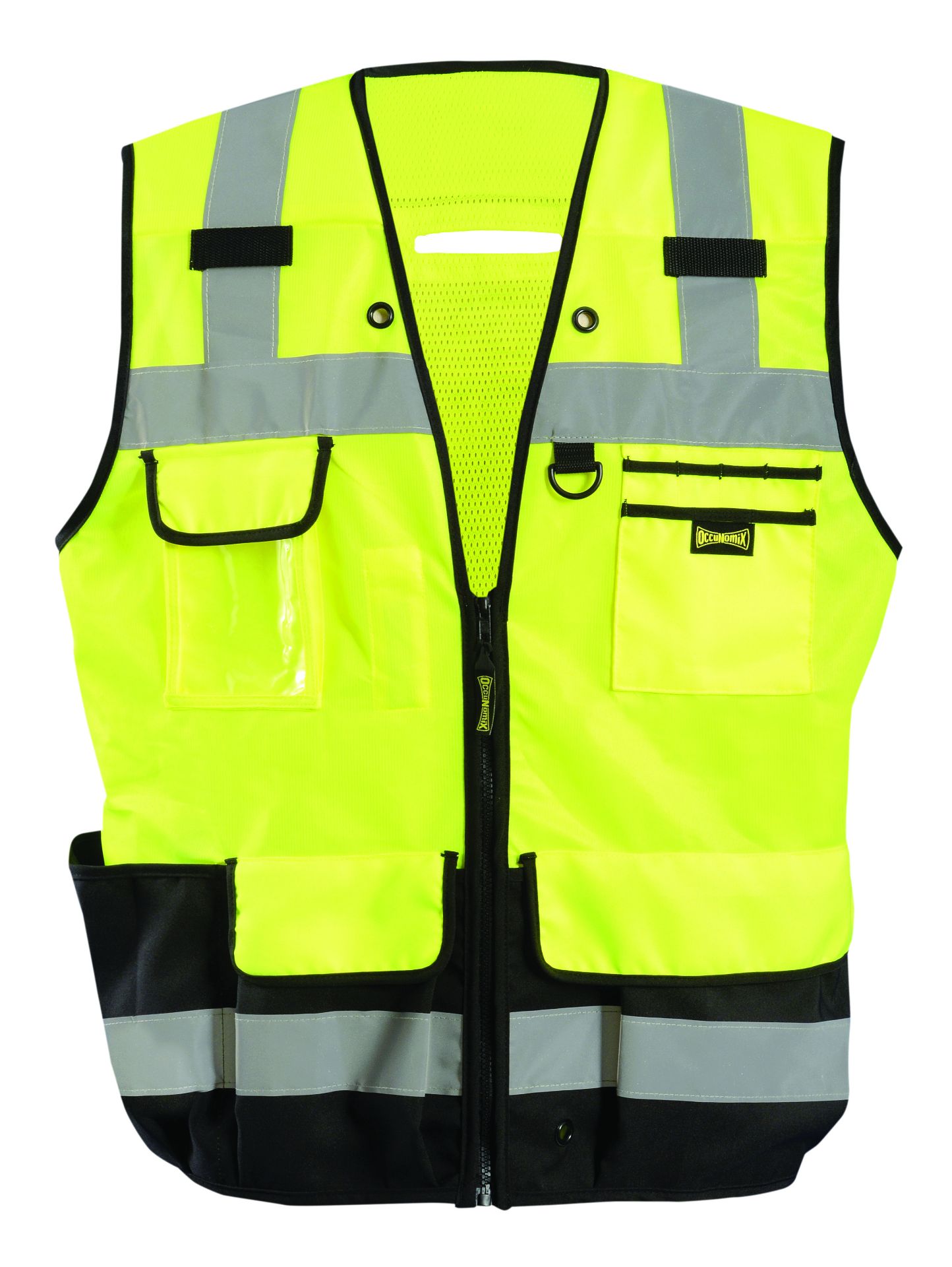 Picture of Occunomix LUX-HDSBK SOLID/MESH HEAVY DUTY BLACK BOTTOM SURVEYOR VEST w/ZIPPER
