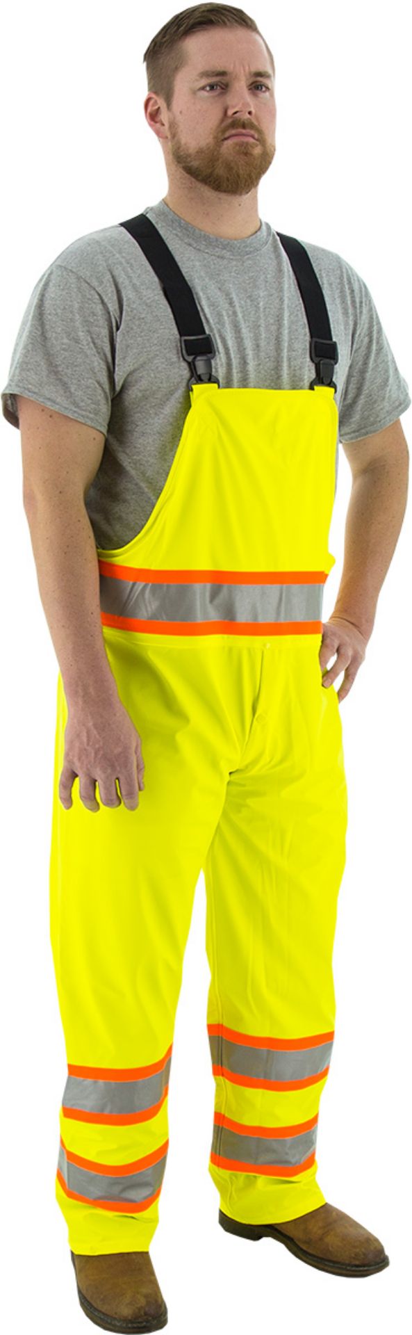 Picture of Majestic 75-7353 Hi-Viz Waterproof Rain Bib w DOT Striping, ANSI E
