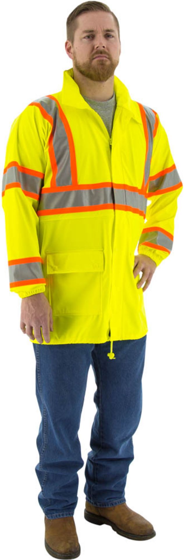 Picture of Majestic 75-7301 Hi-Viz Waterproof Rain Jacket w DOT Striping, ANSI 3